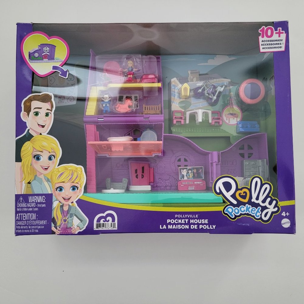 Polly Pocket Doll House, Pollyville Pocket House with 2 Dolls + Accessories, new